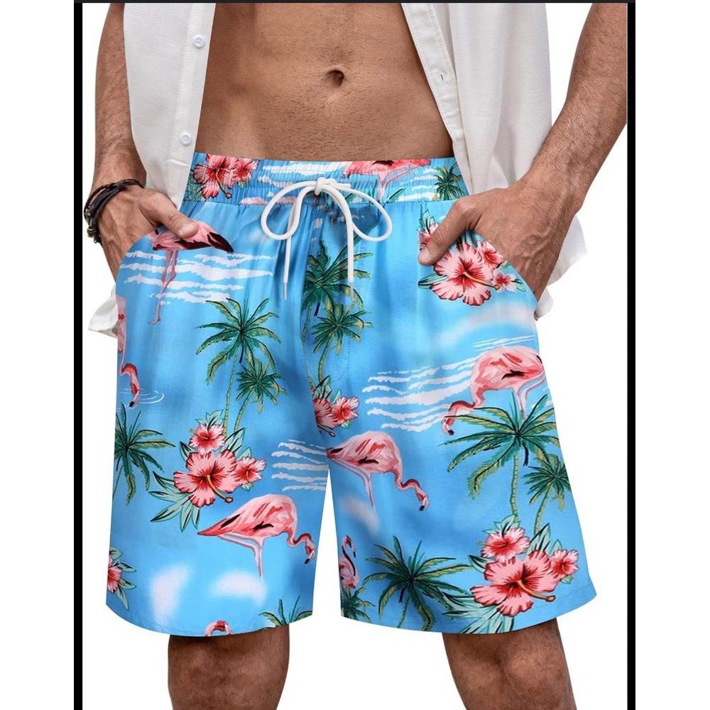 COOFANDY‎ tropical Pink Flamingo Hawaiian casual shorts XL pockets